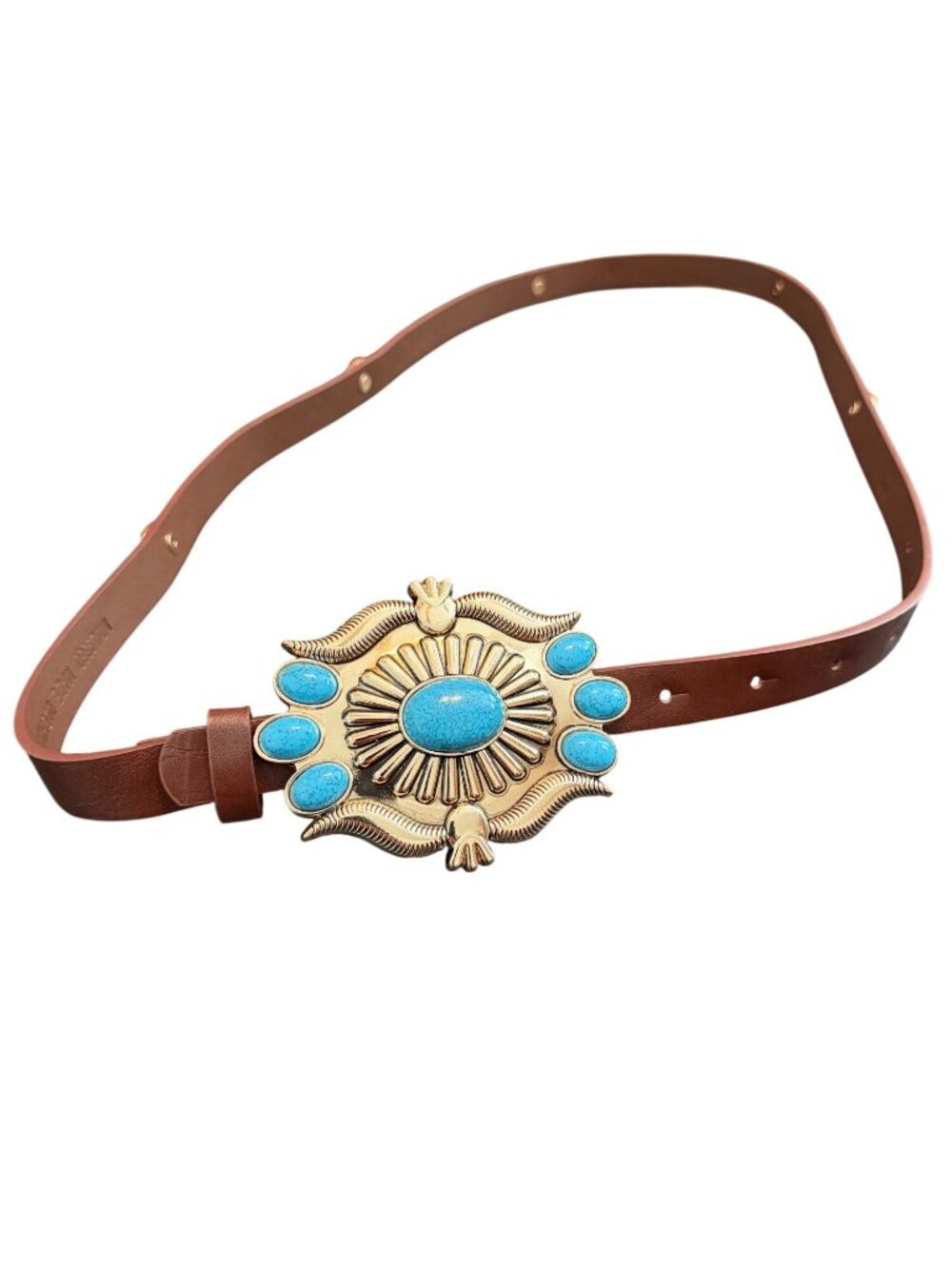 Aratta Western Style Brown Belt With Gold & Turquoise Buckle Adjustable Fit 90%